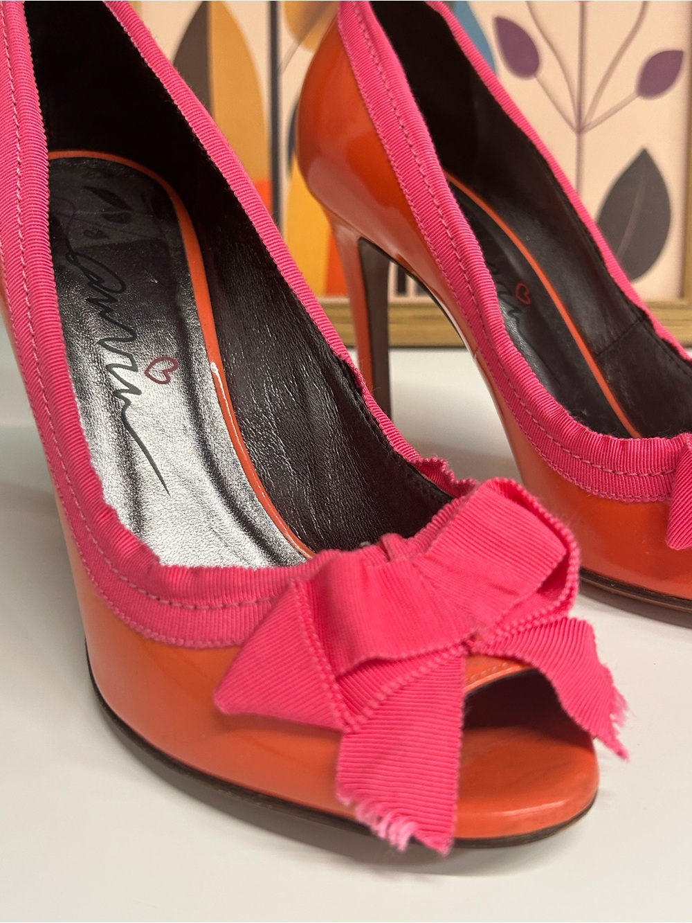 Lanvin patent leather Pink & Orange Peep-Toe Bow Pumps size 7.5